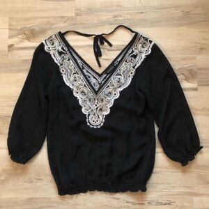 White House Black Market Black and White Embroidered Blouse